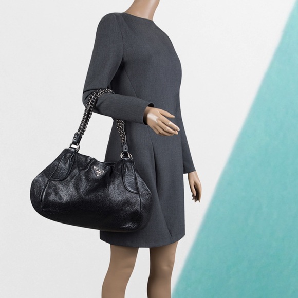 Prada Lux Chain Strap Large Nero Black Shoulder Bag Cervo Leather PURSE - Picture 3 of 11